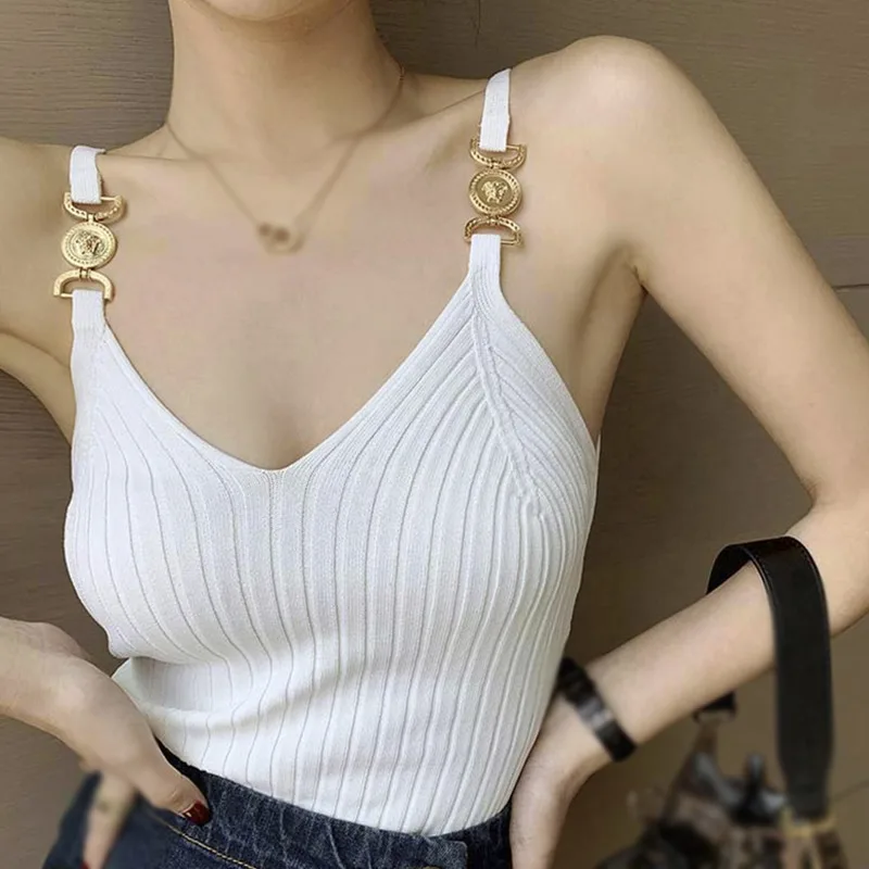 Women Knitted Short Slim Sleeveless Shirt Tank  V Neck Halter Tops Knitted Off Shoulder Candy Cute Tops Casual Ribbed Knit Vest