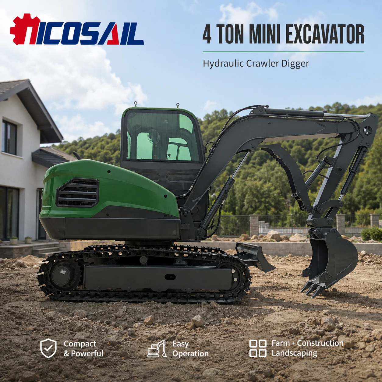 NICOSAIL 4 Ton Mini Excavator Hydraulic Crawler Digger Compact Excavating Machine for Farm Construction Landscaping