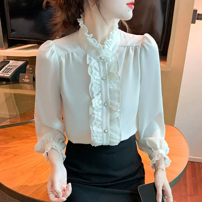 High End Lace and Lace Temperament Black Fungus Edge Stand Up Collar Chiffon Shirt for Women Long Sleeved Ruffle Edge Top Small