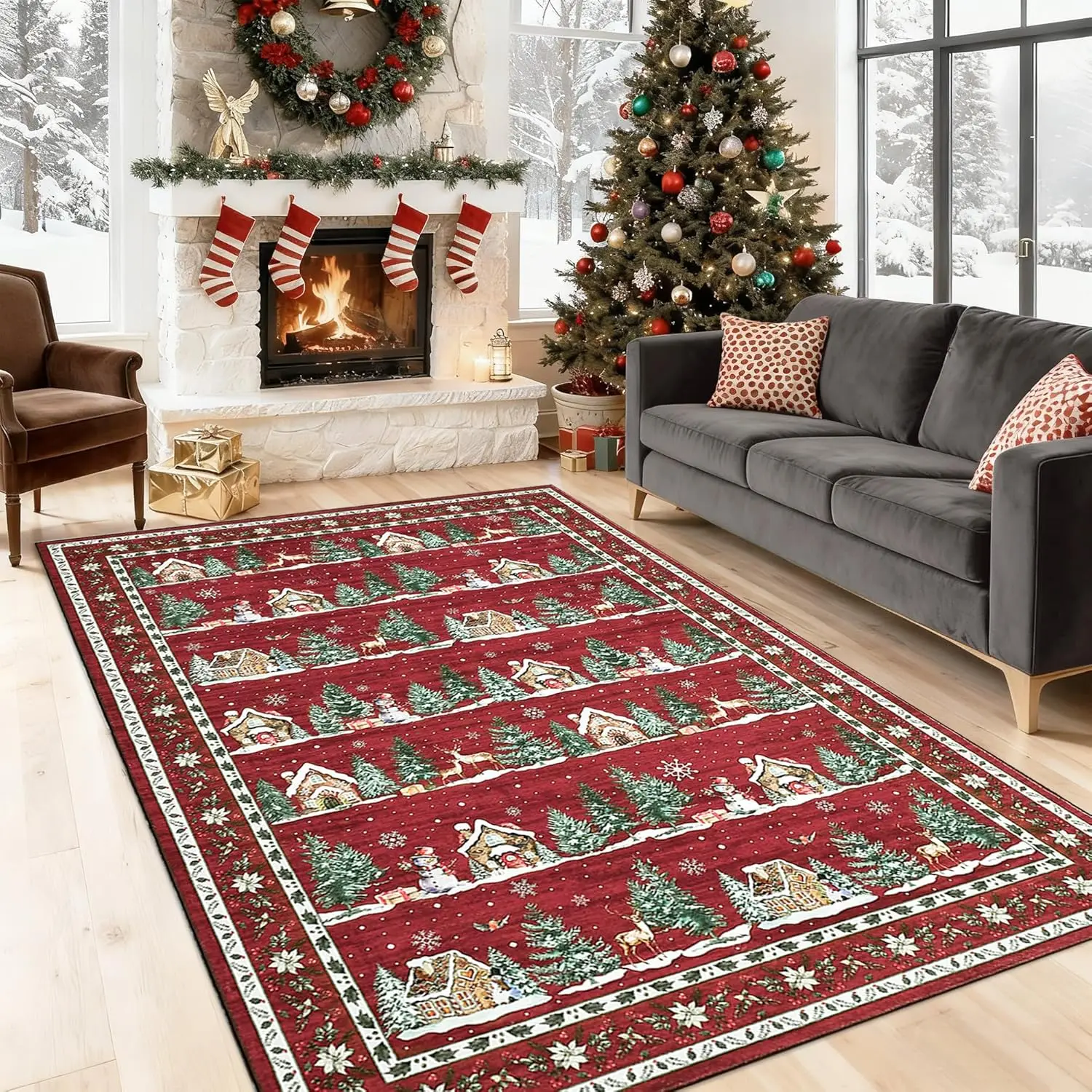 Christmas Area Rugs Machine Washable Entryway Low Pile Non Slip Small Boho Rug Xmas Snowflake Decorative Stain Resistant for