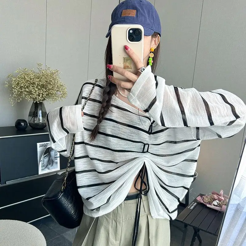 Women\'s 2024 Spring and Autumn New Splicing Pullovers O-Neck Stripe Fashion Loose Minimalist Casual Long Sleeve Knitted Tops