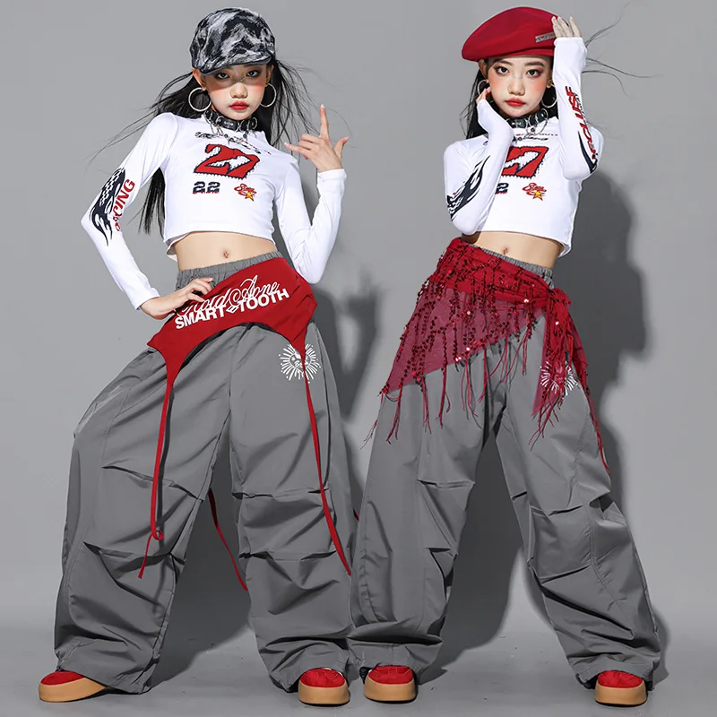 2025 Jazz Dance Clothing Children Kpop Show Performance Wear White Crop Top Gray Hip Hop Pants Girls Street Dance Costume