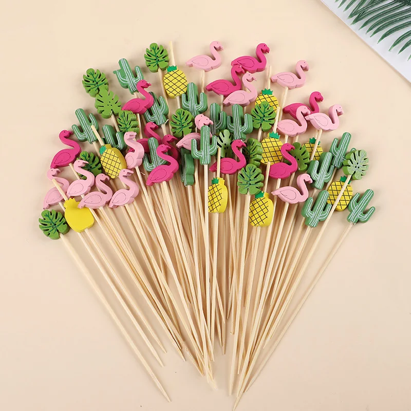 100pcs Fruit Bamboo Stick Flamingo Cactus Pineapple Palm Leaf Cocktail Decoration Stick Summer Hawaiian Luau Wedding Party Decor