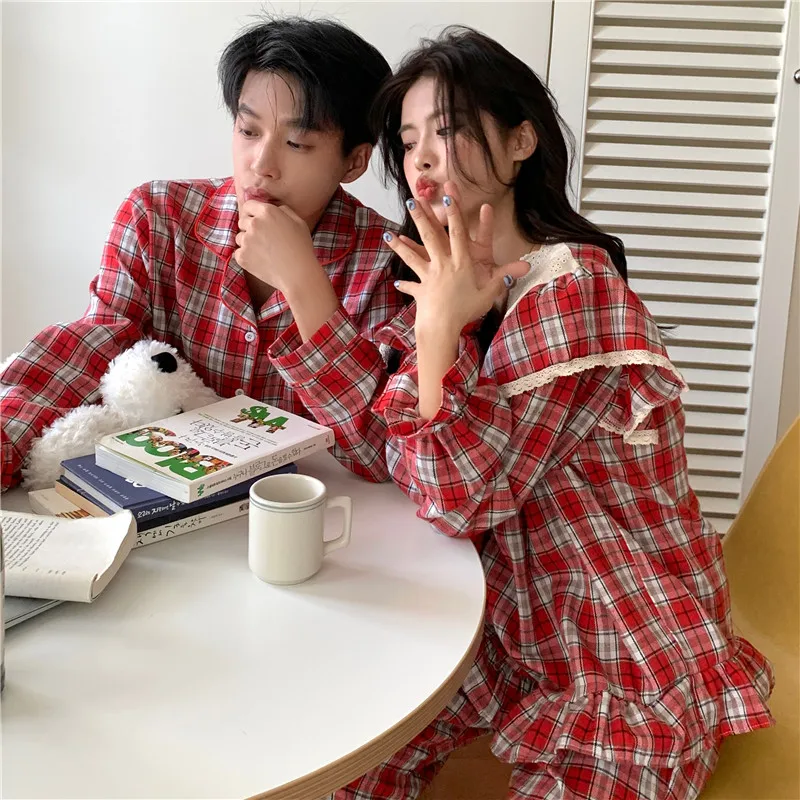 New Warm Ins Winter Autumn Long Sleeve Korean Sweet Plaid Pajamas Set Women Lace Couple Set Princess Long Sleepwear Cotton