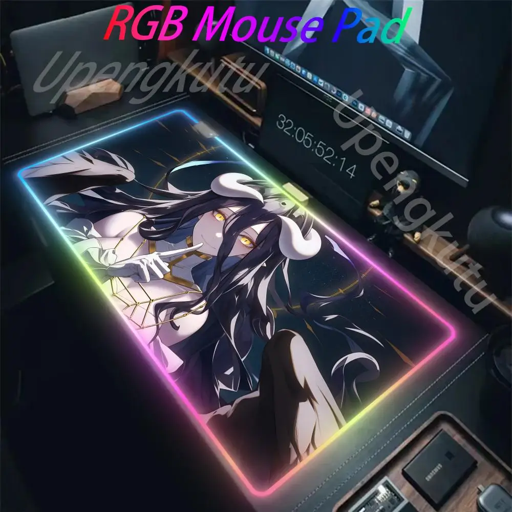 Anime Overlord Albedo RGB Mousepad XXL Game Accessories Rubber Anti Slip Keyboard Mat Laptop LED Backlit Office Tapis De Souris