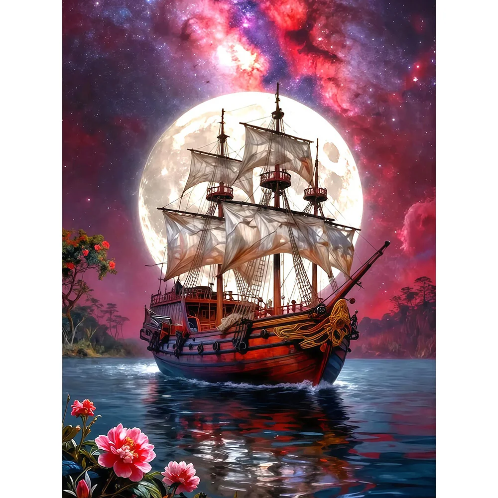 EverShine Diamant-Gemälde, Segelboot, komplett, quadratisch, rund, Stickerei, Mond, 5D, DIY, Mosaik, Meer, Kunsthandwerk für Erwachsene, handgefertigtes Geschenk