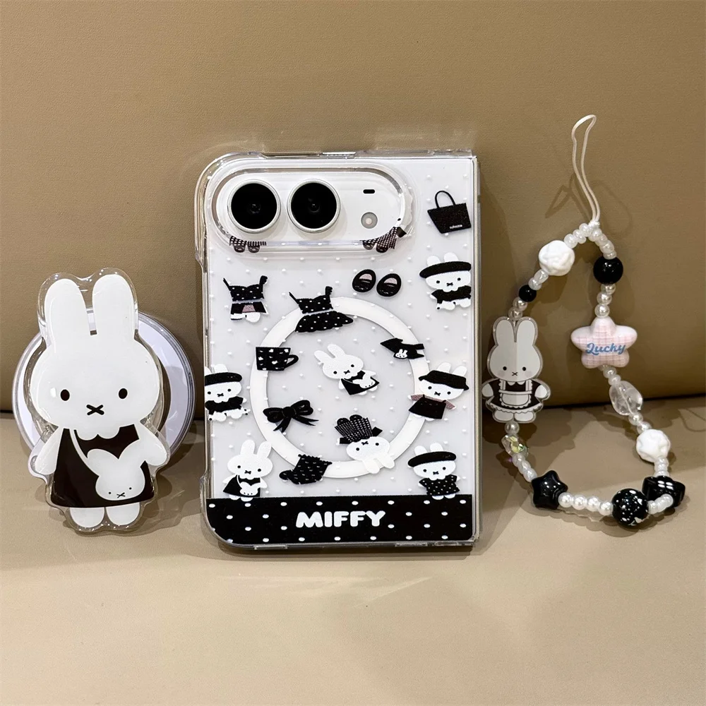 New Korea Ins black miffy Magnetic stand Phone Case For iPhone Duo Foldable Protective Cover Cute Cases Shockproof with Chain