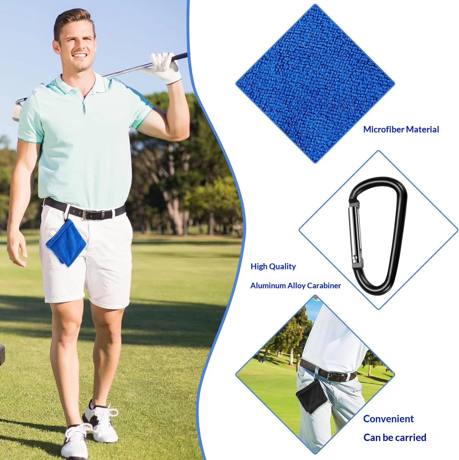 Square Microfiber Golf Ball Cleaning Towel with Carabiner Hook Water Absorption Cleaner Golf Club for Head Wipe Cloth Clean