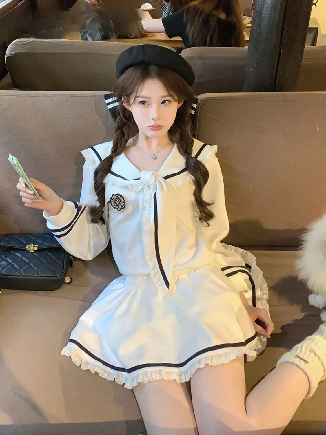 Branco doce menina jk uniforme terno estilo universitário gola marinha manga longa topo e cintura alta saia curta inchada conjunto de duas peças