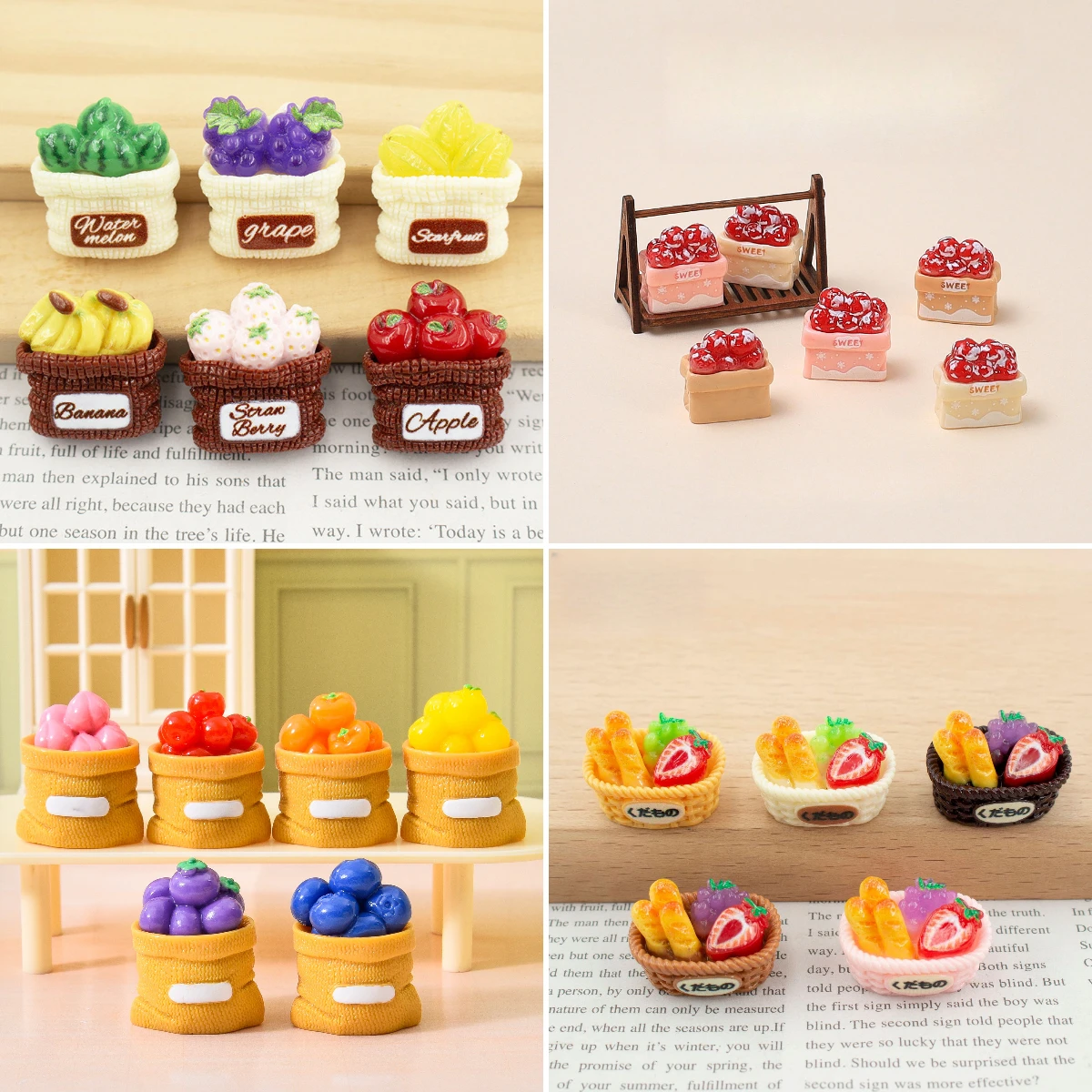 100pcs Cute Sack of Fruit Banana Grape Strawberry Bread DIY for Hairpin Keychain Earrings Scrapbook Dollhouse Accessories