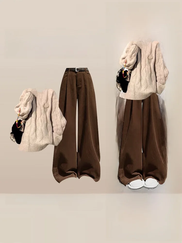 

Мягкий уютный свитер-худи женский, осенне-зимний, новый, вязаный, с широкими брюками, комплект из двух предметов, винтажный свободный крой, модный стиль