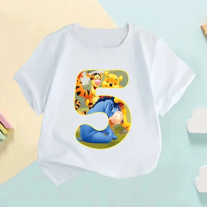 2026 コットン子供用ラウンドネック Tシャツかわいいくまのプーさん誕生日番号漫画プリント半袖