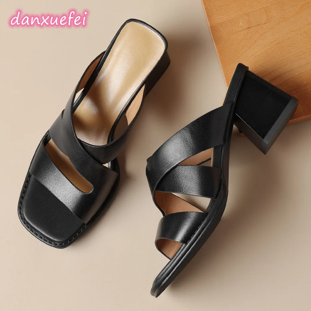 

danxuefei plus size 34-42 women's genuine leather narrow band cross strap 6cm thick high heel open toe summer slides sandals hot