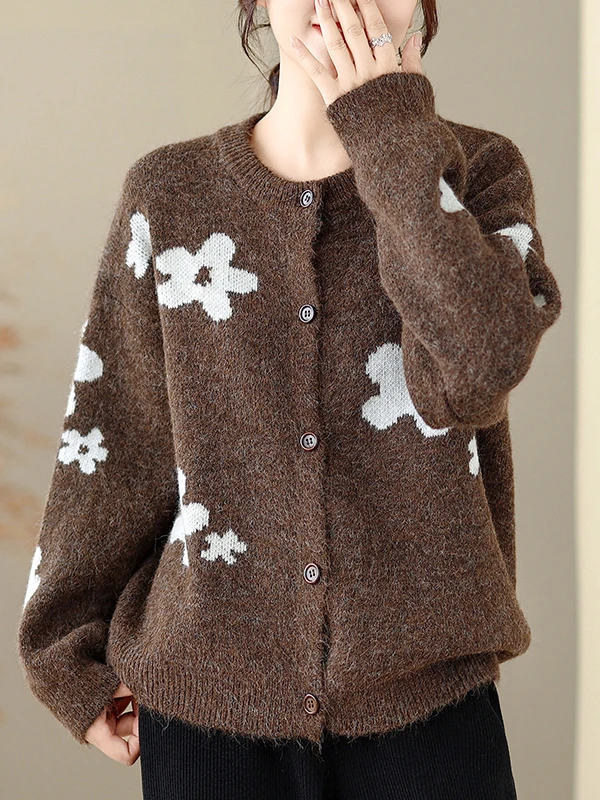 Soft Cozy Knitted Cardigan Women's Floral Print Gentle Sle Autumn Winter Long Sve Sweater Jaet Comfortable Loose Fit