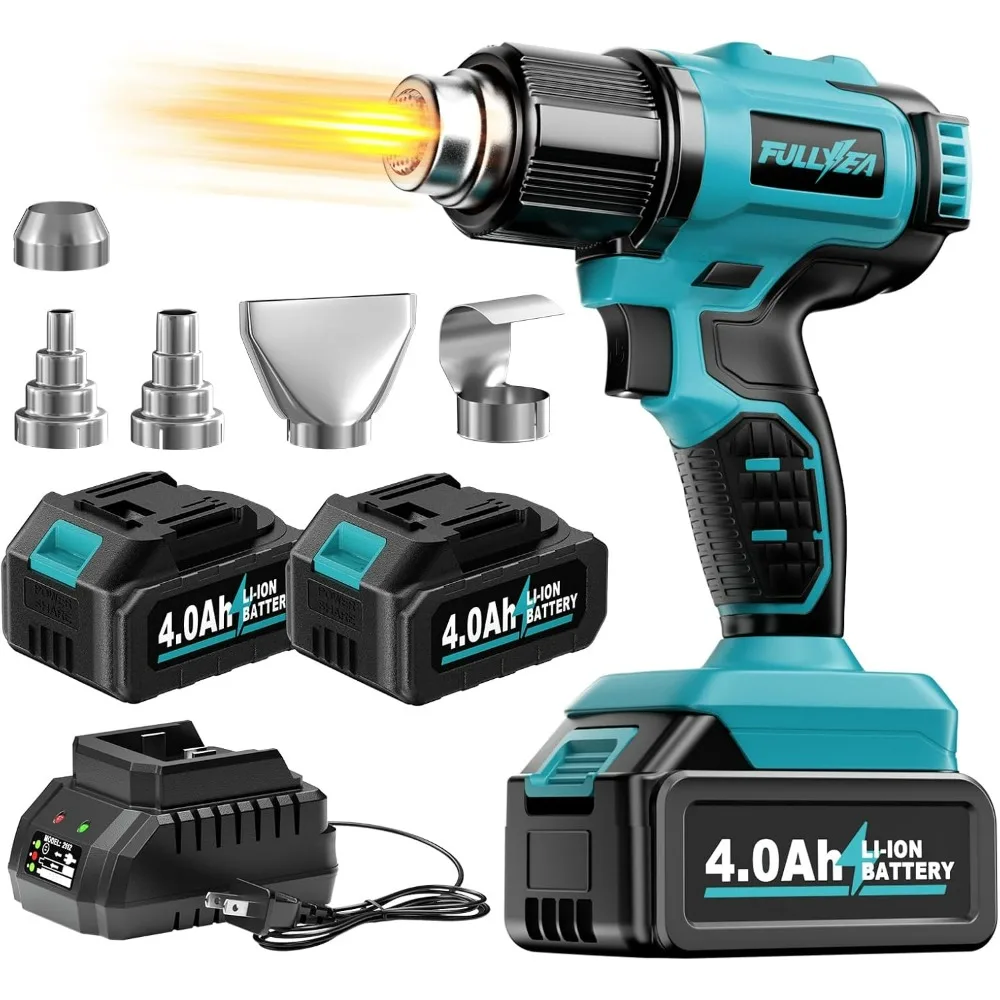 

Беспроводная тепловая пушка, портативный комплект термофена с 5 насадками, макс. 550 ℃ /1022 ℉ , Паяльная тепловая пушка с батареей 2*4,0 Ач и зарядным устройством