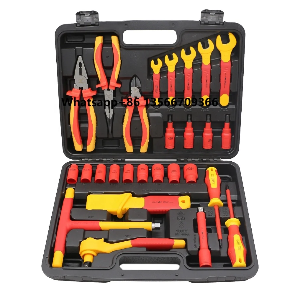 

28PCS 1000V Insulated Tools Kit Hand Powered Work Tools Insulated Ratchet Wrench Wire Pliers Other Tool Parts for Workbench Use