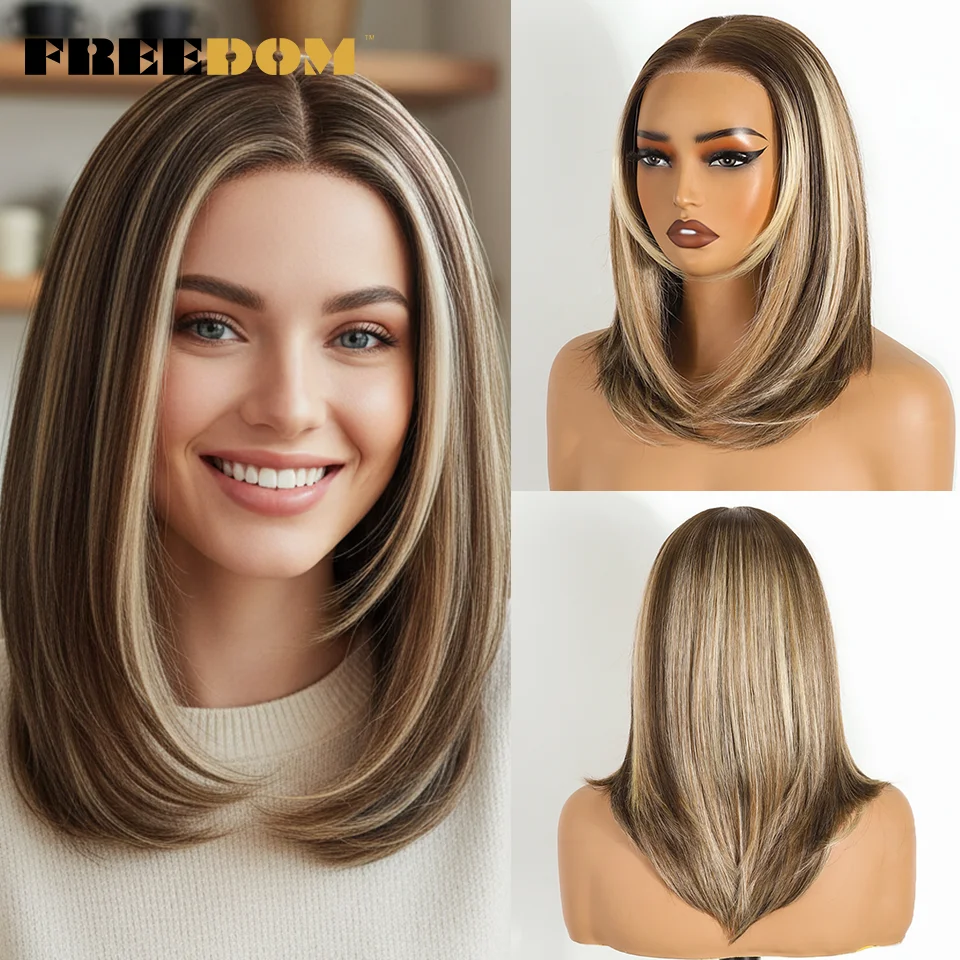 FREIHEIT Synthetische Lace-Front-Perücken für Frauen, kurzer Bob, geschichtet, gerade, 6 x 4, Wear And Go, leimlose Perücke, Ombre, vorgezupfte Spitzenperücken – Detail 7