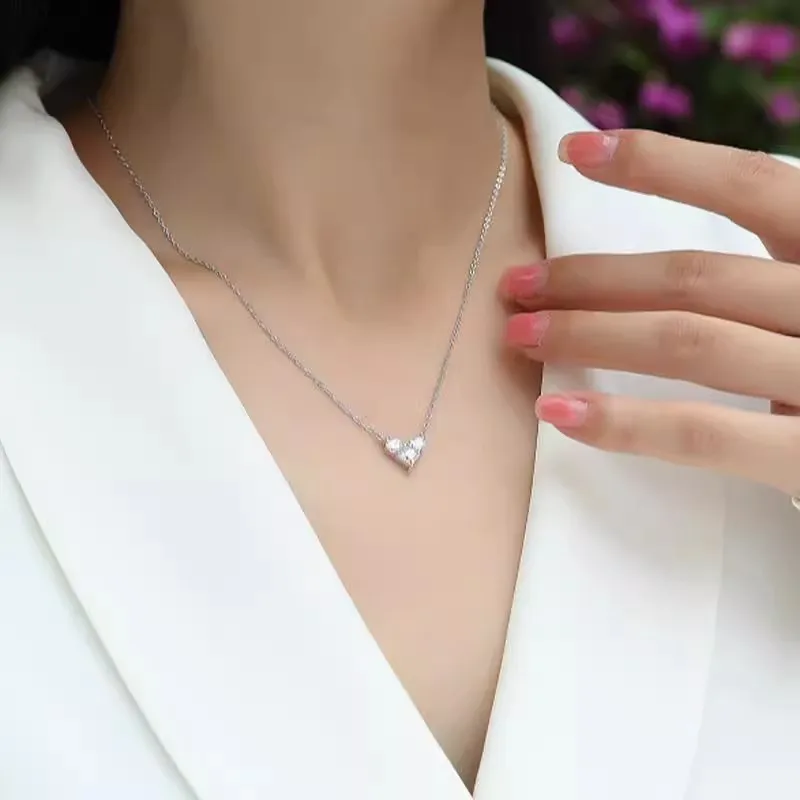 Ts 925 Sterling Silver Moissanite Necklace for Women Heart Pendant Necklace 18k White Gold Plated D Color Moissanite Fine Jewelr