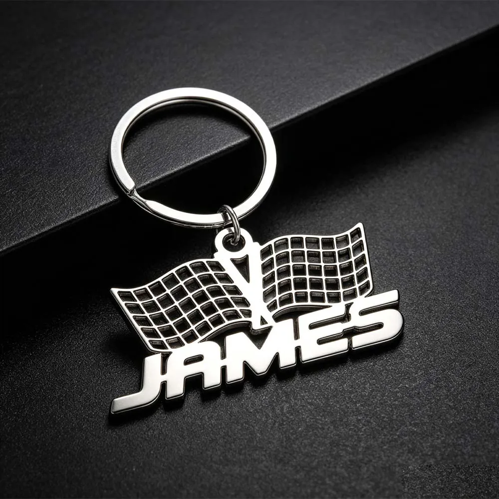 Speed Race Checkered Racing Flag Personalized Keychain Custom Name Bag Charm Key Ring Gift For Men Women Stainless Steel Jewelry