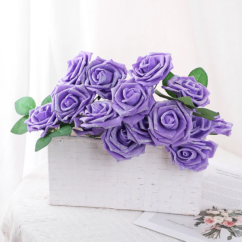 Artificial Foam Flowers 25pcs Glitter Roses With 5pcs Leaves Fake Roses For DIY Wedding Bouquets Bridal Shower Party Home Decor