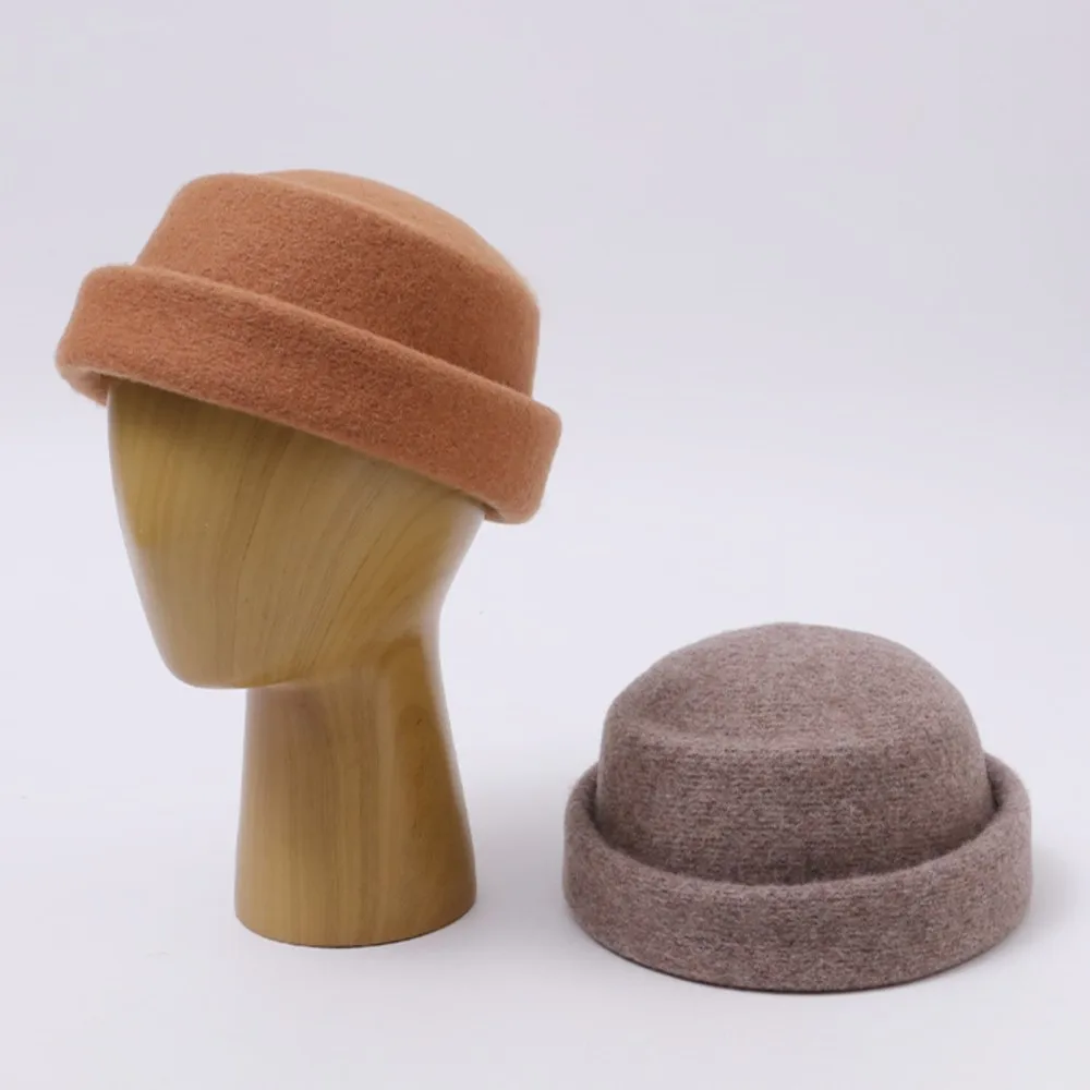 Adults Ladies 90% Wool Bowler Hat Rolled Brim Round Crown Solid Color Classic Chic Winter Outdoor Headwear Fashion