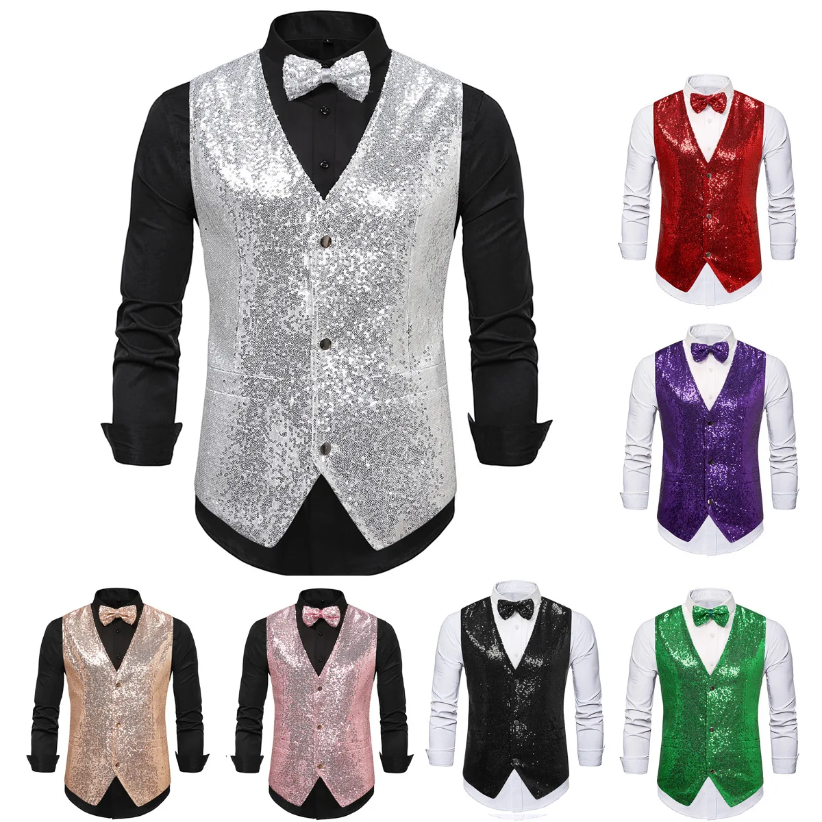 Sparkly Sequin Vest for Men 2025 Single Breasted Slim Fit Mens Waistcoat With Bowtie Semi Formal Performance Clothing Plus Size