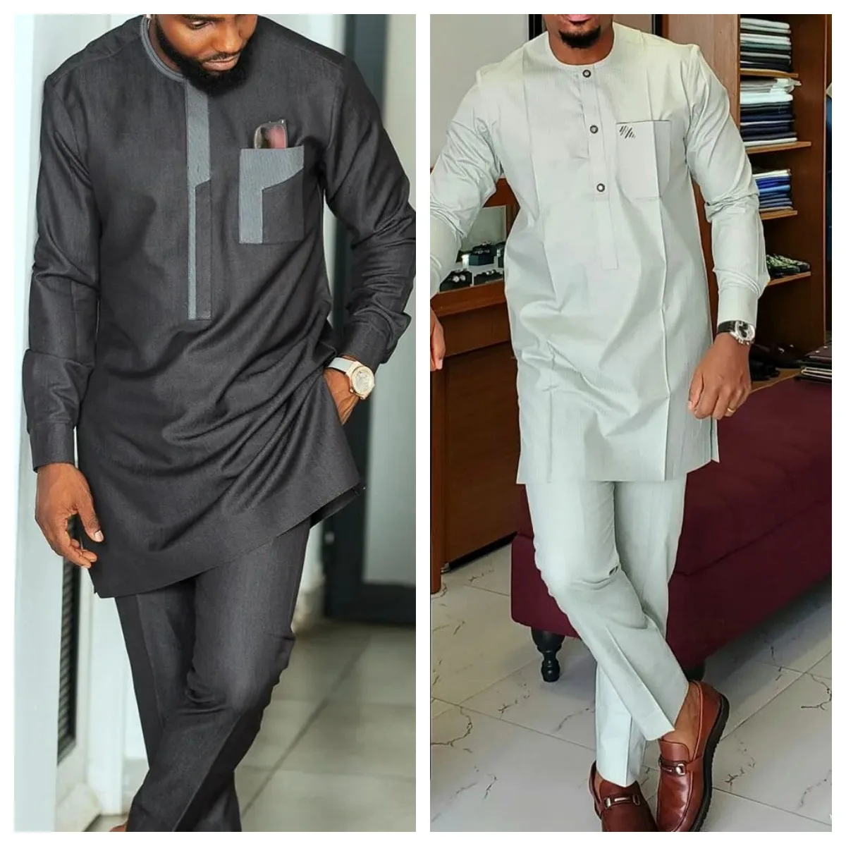 2024 New Kaftan Men\'s Suit Long Sleeve Plain Pocket Pocket Top and Pants 2-piece African Men\'s Traditional Wedding  Busines Suit