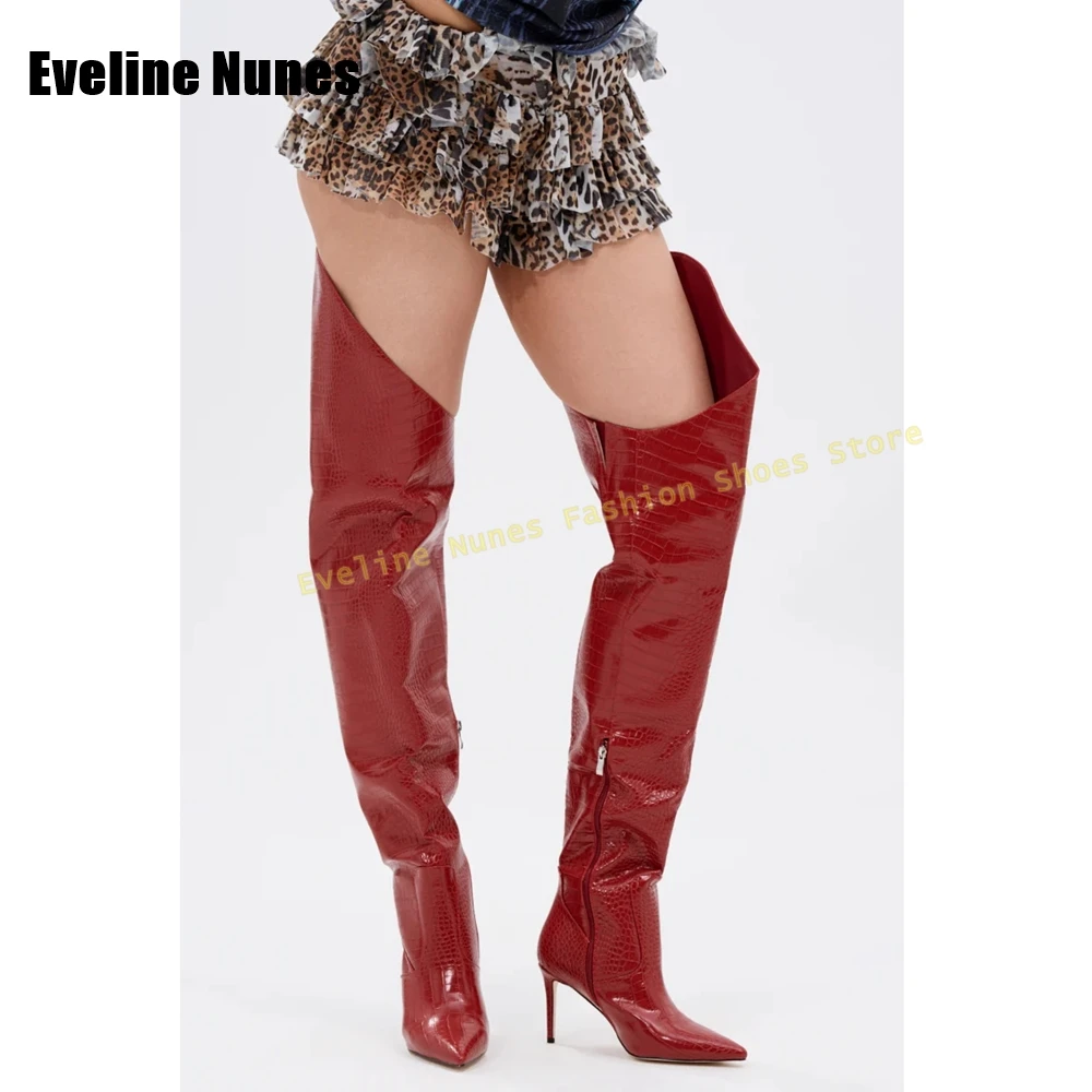 

Красные сексуальные сапоги выше колена с эффектом крокодила, однотонные модные высокие сапоги выше колена с острым носком на тонком каблуке для пикантных девушек, уличный стиль, новинка осени 2023 г.