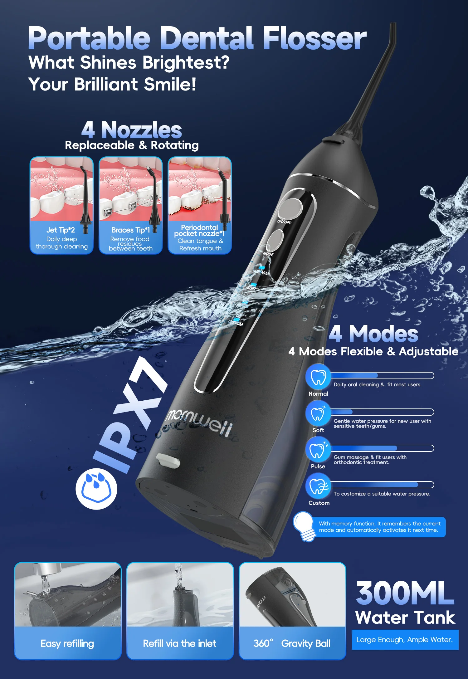 Elektrischer Wasserflosser und Elektrische Zahnbürste Set zum Zahnaufhellen und Zahnfleischschutz mit 4 Bürstenköpfen und 4 Flosser-Aufsätzen – Detail 4