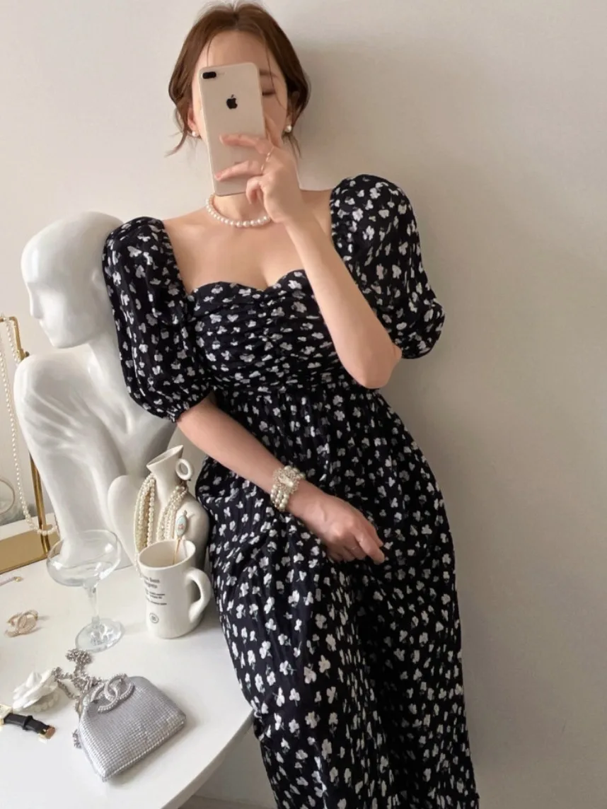 

Ele Floral Print Wrap Dr Women's Summer 2025 Square Collar Puffy Sve Midi Dr Slim Fit ort Sve Chinese Brand