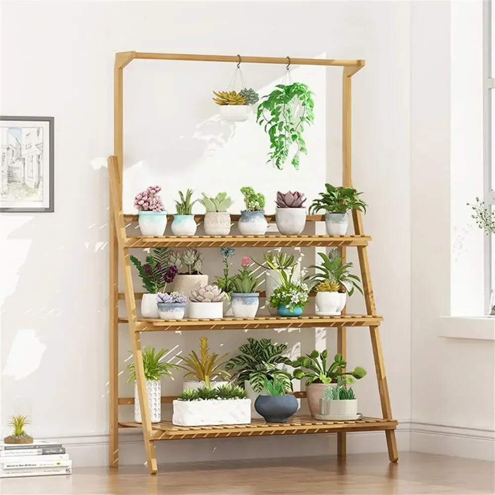 Folding Bamboo Plant Stand, Flower Pot Shelf, Multi-Use for Greenhouse Indoor and Outdoor, 3 Tier