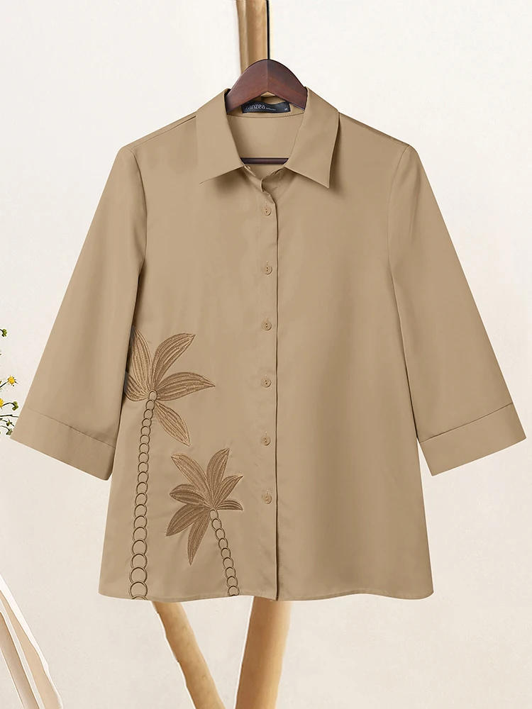 2025ZANZEA Herfst Shirts Vrouwen Bloemen Geborduurde Blouse Casual V-hals 3/4 Mouw Knoppen Blusas Vrouwelijke OL Werk Tops