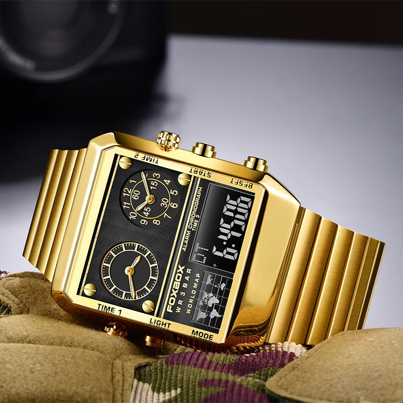 FOXBOX New Original Luxury LED Digital Watches for Men Gold Waterproof Square Dual Time Zone Stopwatch Alarm Quartz Chronograph
