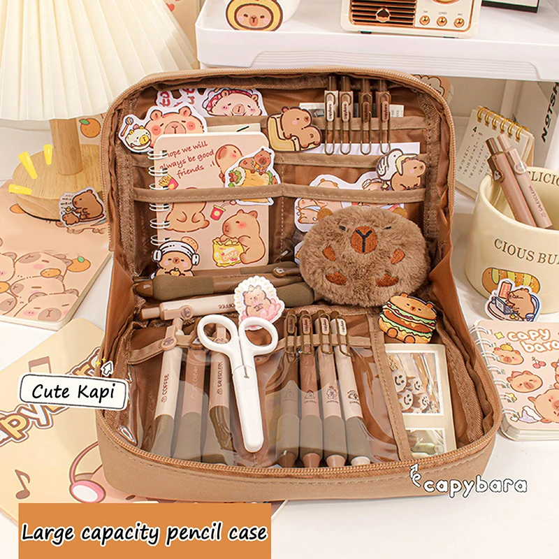 Sac de papeterie de grande capacité, Kawaii Capybara, multicouche, séparé, étui à crayons, sac cosmétique, école, fournitures de bureau