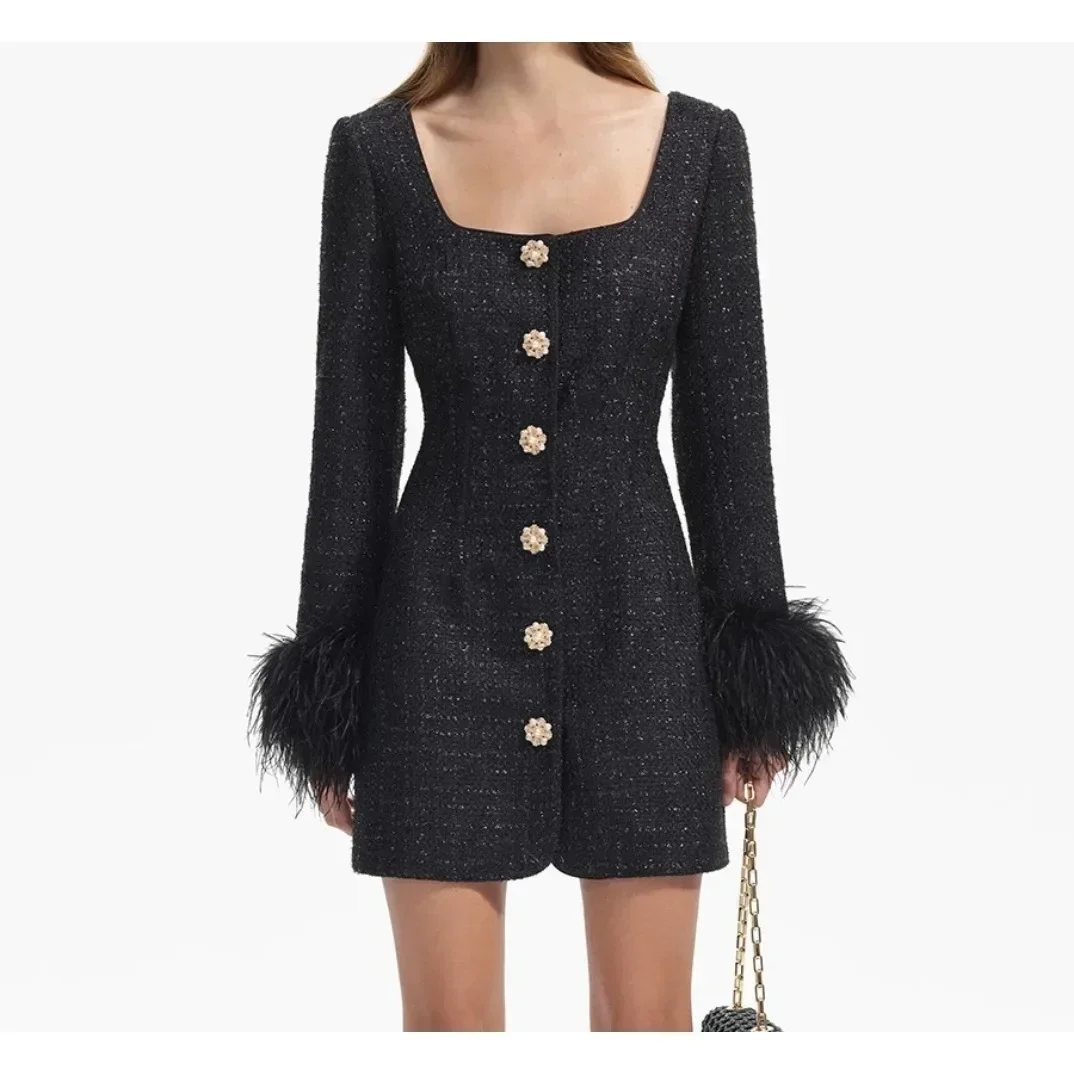 2024 New Autumn Fashion Black Feather Long Sleeve Square Collar Mini Dress for Women