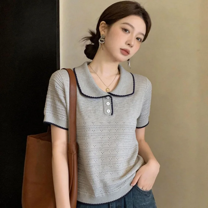 

Женская облегающая футболка из ледяного шелка с вырезами, летняя повседневная вязаная футболка с коротким рукавом, базовая универсальная модель с воротником Питер Пэн