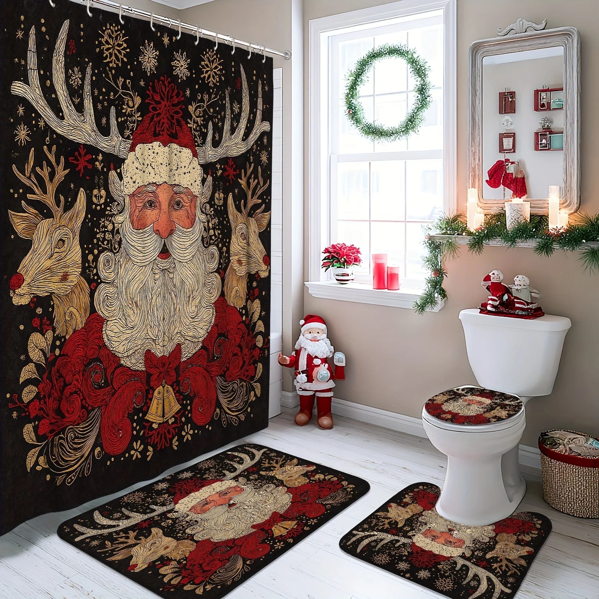 4pcs Santa Claus Shower Curtain Set - Red & Black Christmas Bathroom Decor with Hooks, Festive Modern Polyester Fabric, Machin