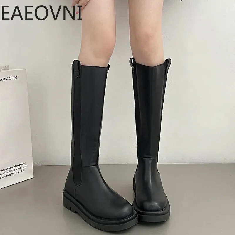 Punk Style Women Knee High Boots Fashion Slip On Thick Heel Shoes Autumn Winter Warm Fur Ladies Knight Long Booties