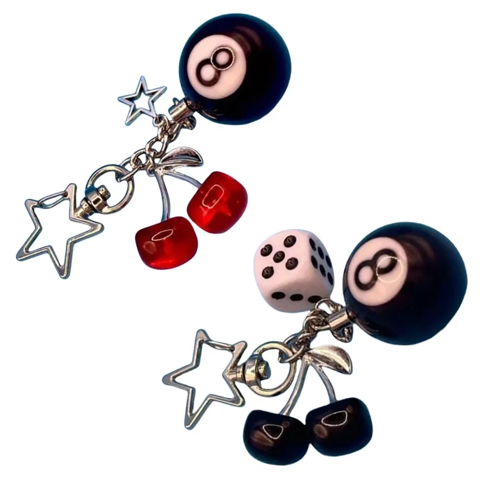 Y2K Jewelry Black 8 Ball Fruit Cherry Dice Star Keychain Phone Pendant Chain Handmade Creative Keyring Accessories for Women Men