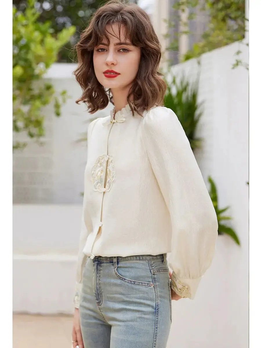 LOUIS YAO Chinese Style Embroidered Shirt 2024 Spring New Stand Collar Long Sleeve Loose Fit Elegant Blouses Top