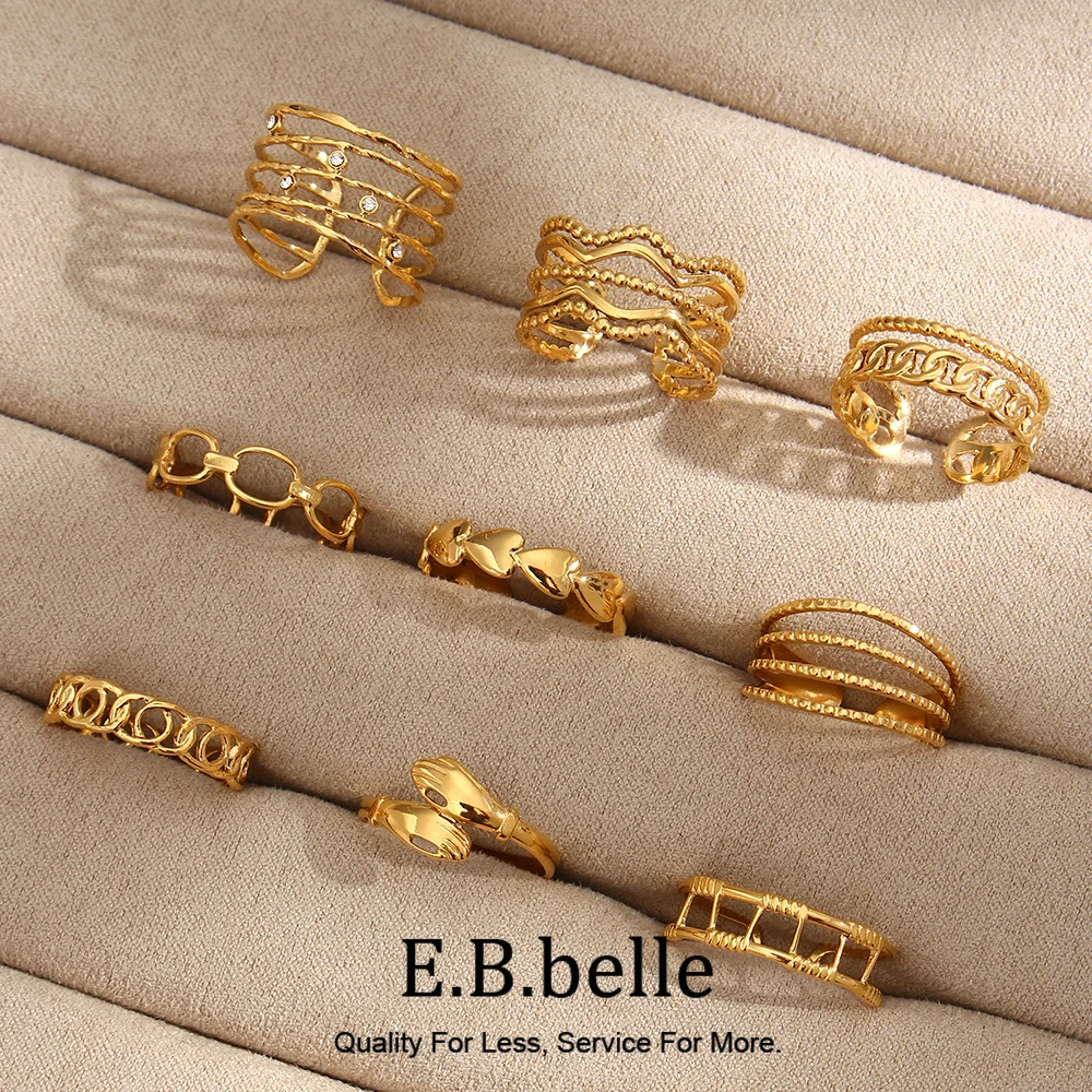E.B.belle-Anillos ajustables chapados en oro de 18K para mujer, cadena hueca, corazón ondulado, Irregular, geométrico, sin deslustre, acero