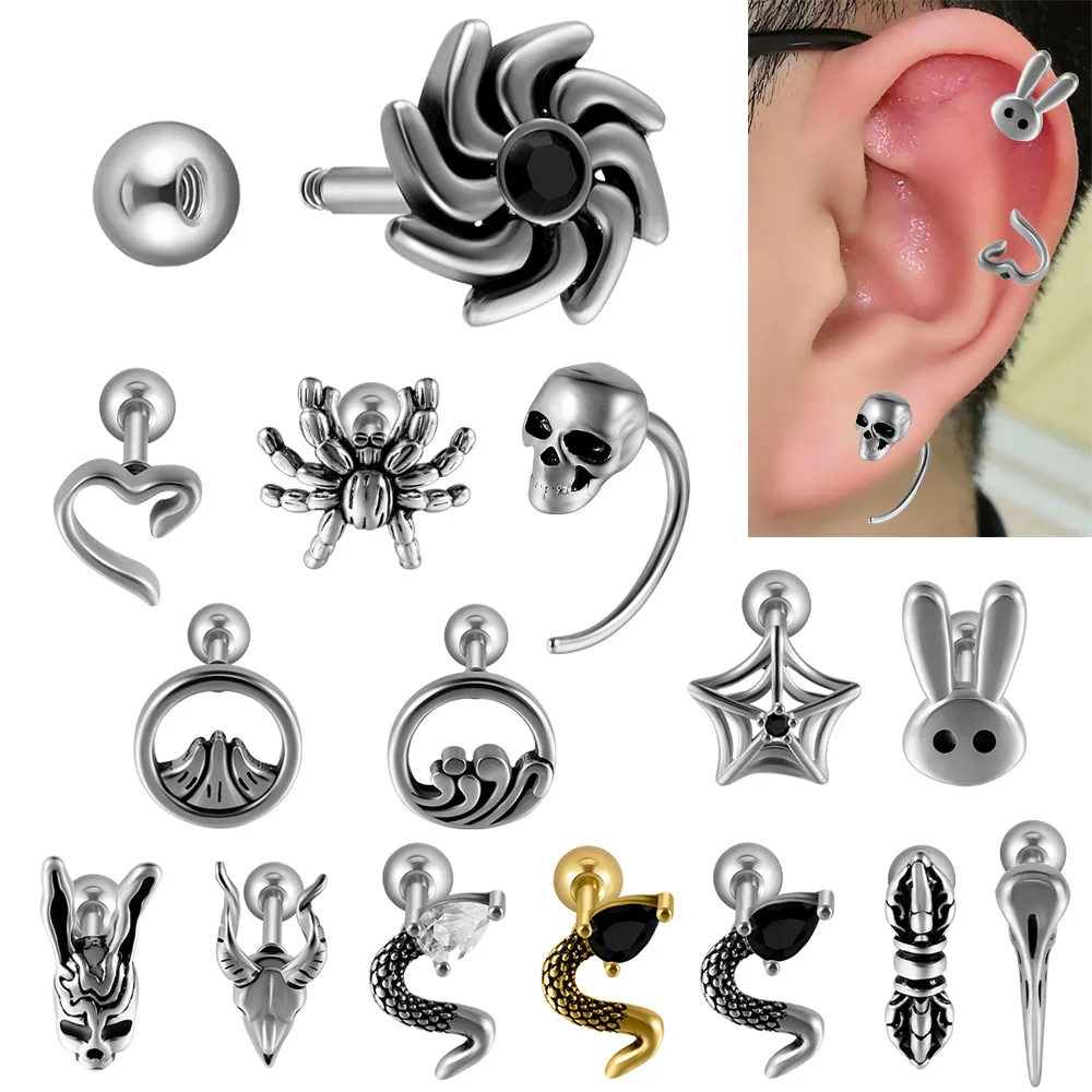 1PC Stainless Steel Ear Tragus Cartilage Spider Rabbit Cartilage Earring Conch Tragus Stud Helix Cartilage Piercing 16G