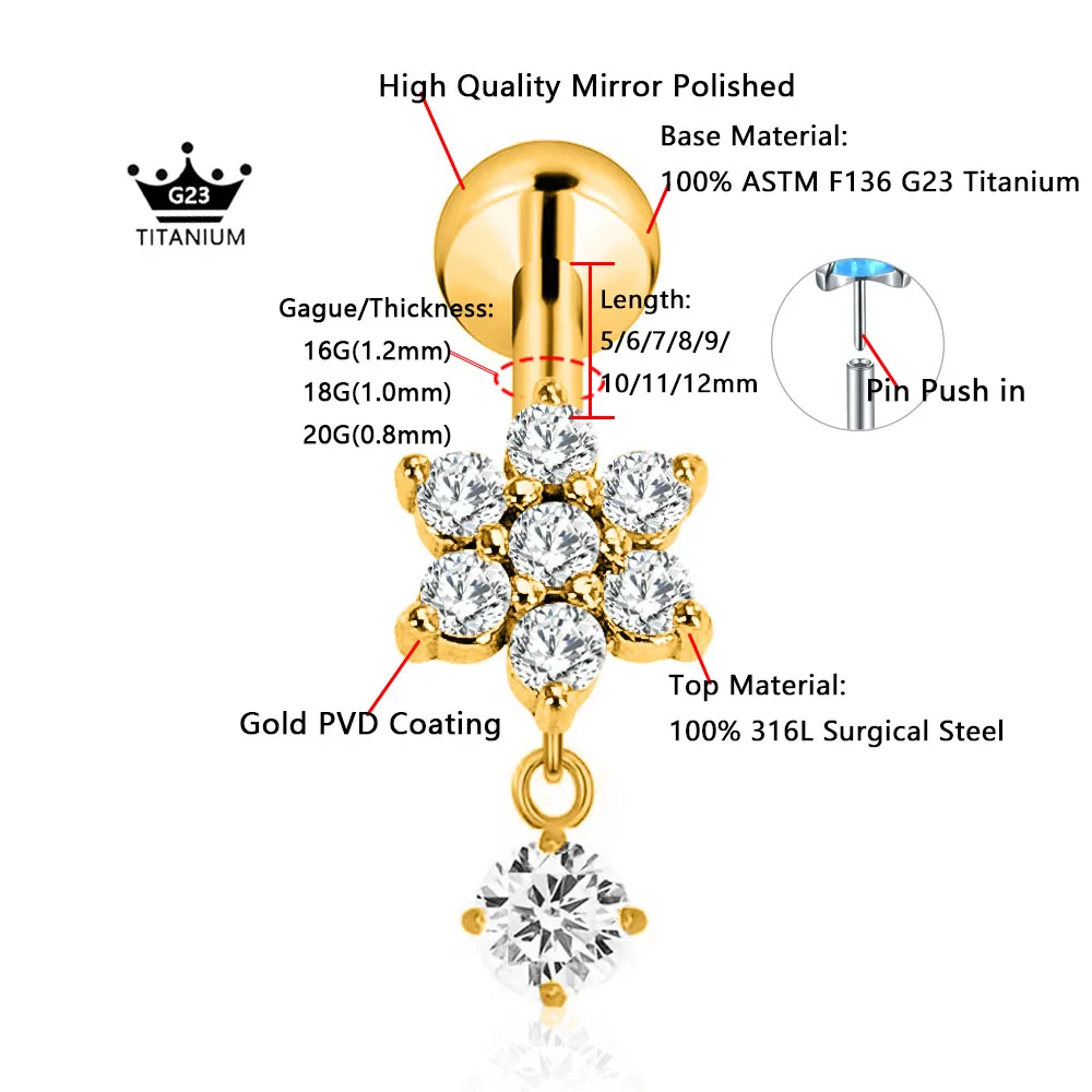 ASTM F136 G23 Titanium Flower Petals Butterfly Labret Threadless Piercing Pin Push in Lip Stud Daith Conch Earring 16G 18G 20G