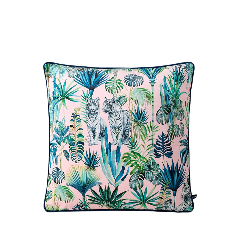 Square Velvet Throw Pillow Case, Square Cushion Cover, Wild Animals, Tigers, Leopard, Jungle, Palm, Tree, Leaf, 18x18 Inch