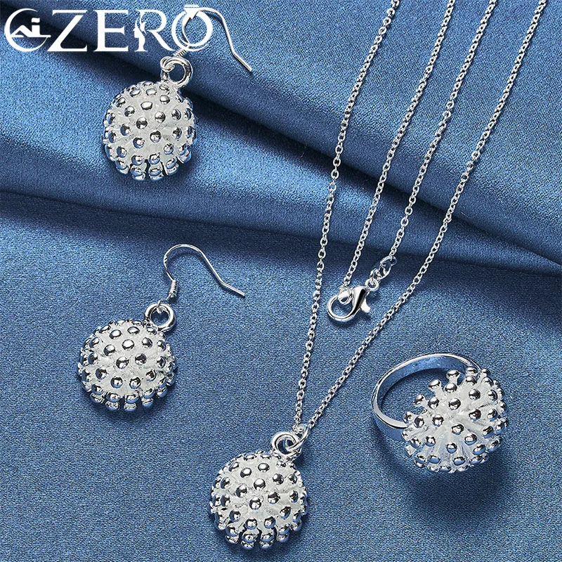 

ALIZERO 925 Sterling Silver Round Fireworks Ring Earrings Necklace For Women Fashion Wedding Party Jewelry Set 3pcs Sets
