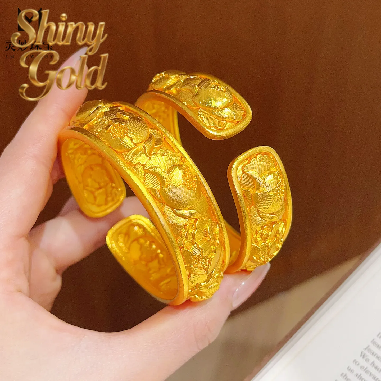 

ShinyGold Sentimental Bangle Women's 24K Gold AU999 - Full Gold Peony Open Bangle, Nine Flowers Wedding Blessing, Wedding Keeps