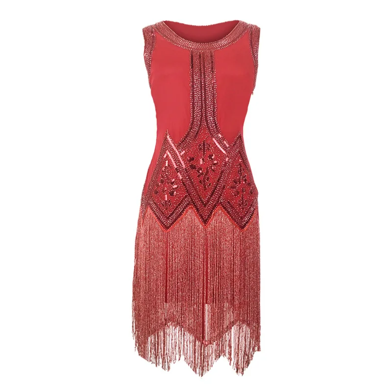 

3-color Vintage Christmas Party Tassel Large Sexy Sequin Sleveeless Dinner Evening Dress 1920s Great Gatsby Flapper