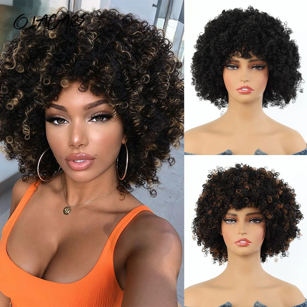 OLACARE 10Inch Afro Kinky Curly Hair Wigs With Bangs Soft Fluffy Synthetic Fiber None Lace Wigs For Party Cosplay Daily Use