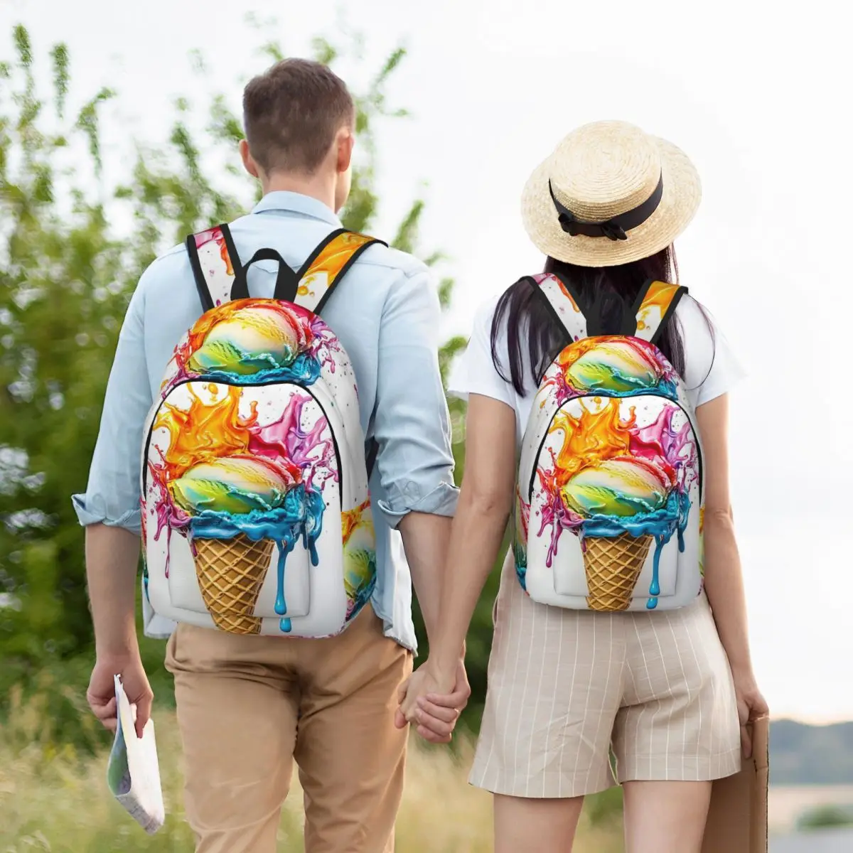 Colorful Ice Cream Splash Print Student Backpack School Bag Hiking Travel Daypack for Men Women Bookbag Shoulder Bags