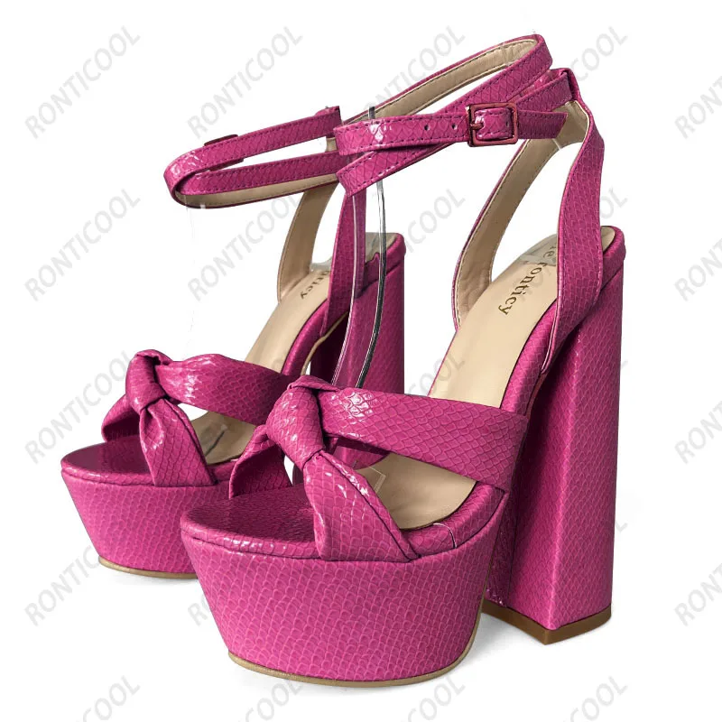 Ronticool Handmade Women Ankle Strap Sandals Square High Heels Round Toe Gorgeous Pink Night Club Shoes Ladies US Size 5-15